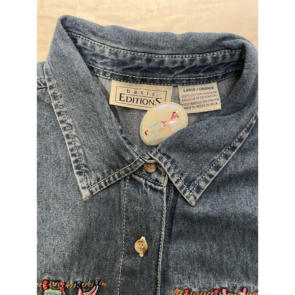 Vintage 90s Denim 100% Cotton Embroidered Sleeveless Button Down L - Picture 2 of 4